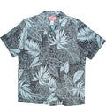 Short-sleeve shirt with tropical leaf pattern on a white background