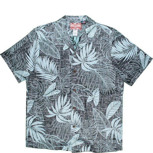 Short-sleeve shirt with tropical leaf pattern on a white background