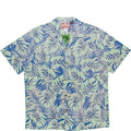 Short-sleeve shirt with tropical leaf pattern on a white background