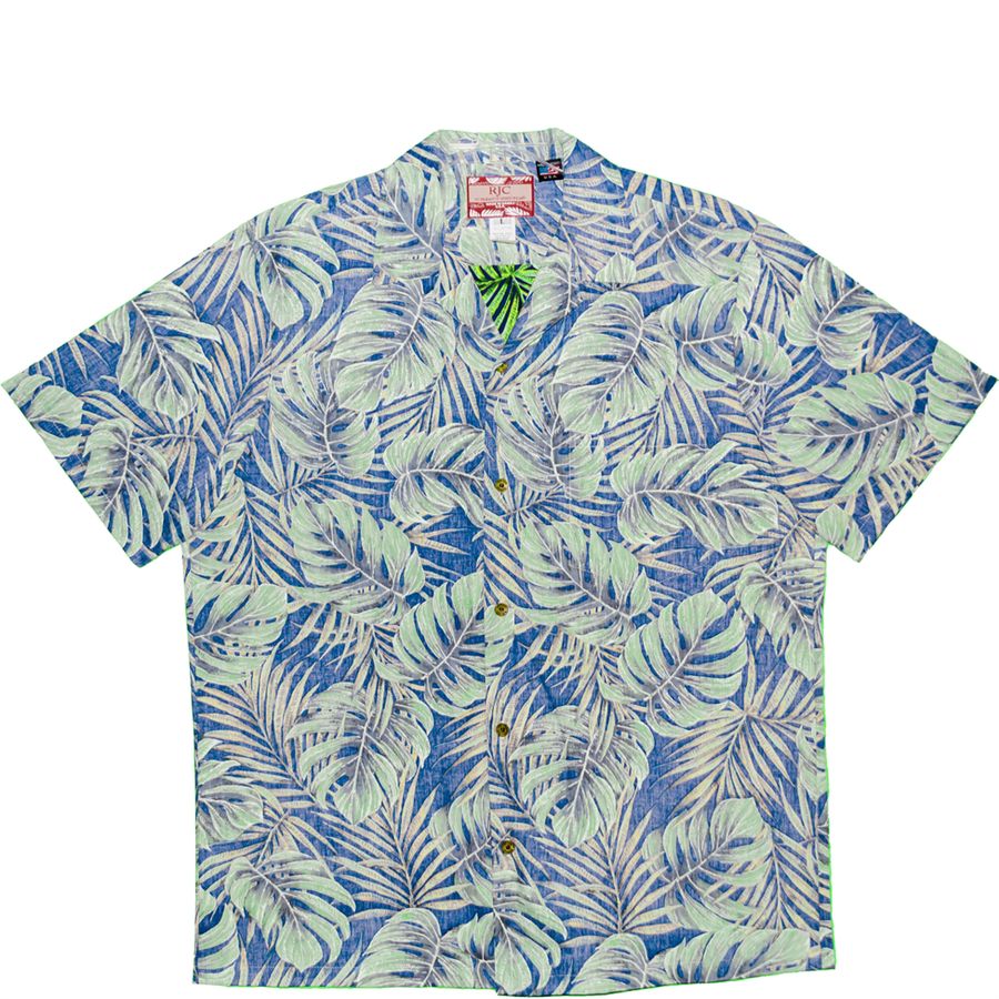 Short-sleeve shirt with tropical leaf pattern on a white background