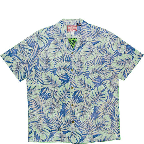 Short-sleeve shirt with tropical leaf pattern on a white background