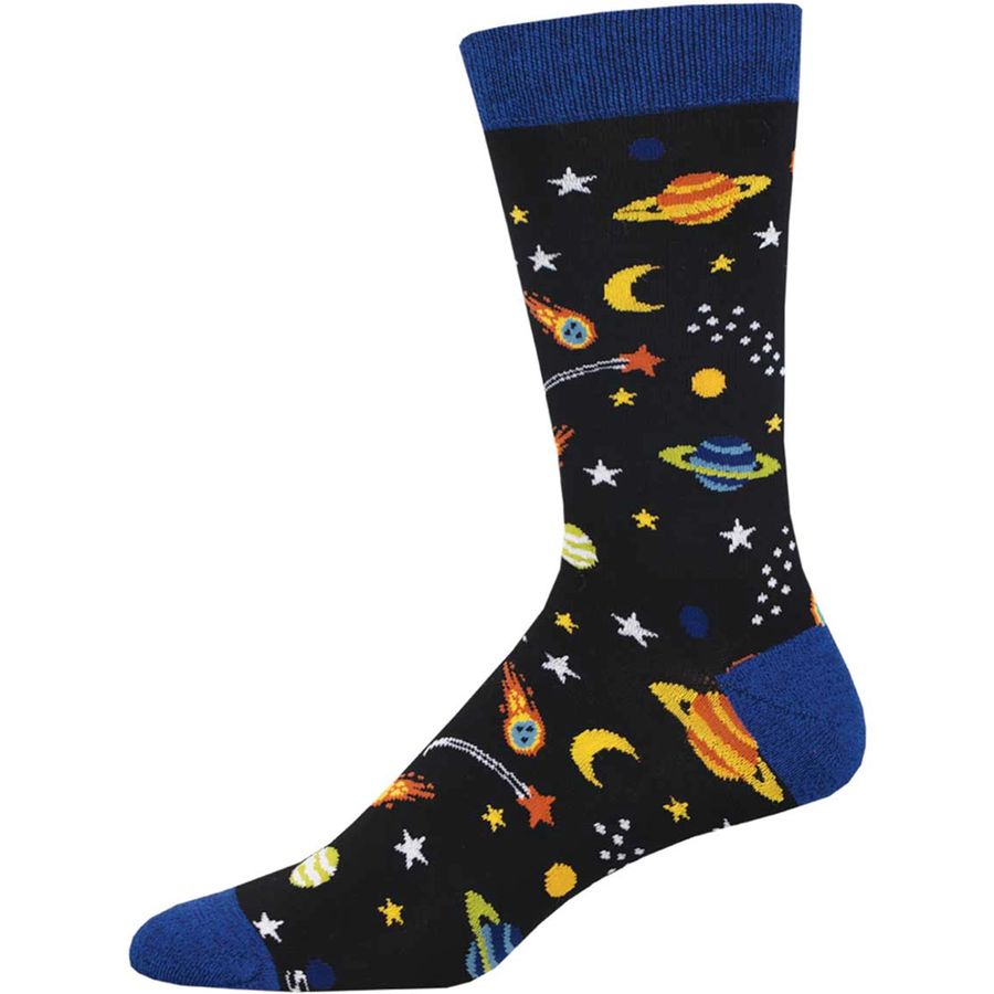 Space-themed sock with planets, stars, and comets on a black background