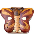 Handcrafted Carved Wood Puzzle Box with Secret Compartment, butterfly shape.