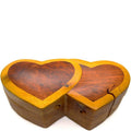 Handcrafted Carved Wood Puzzle Box with Secret Compartment, two heart shapes touching.