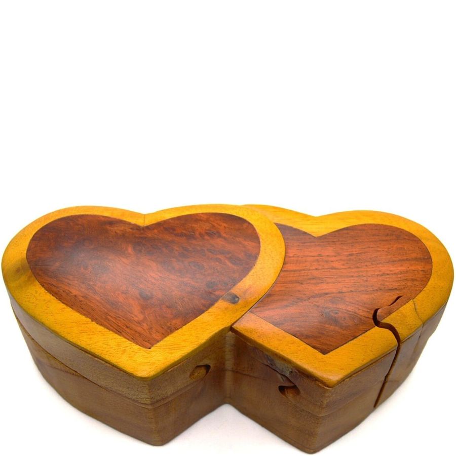 Handcrafted Carved Wood Puzzle Box with Secret Compartment, two heart shapes touching.