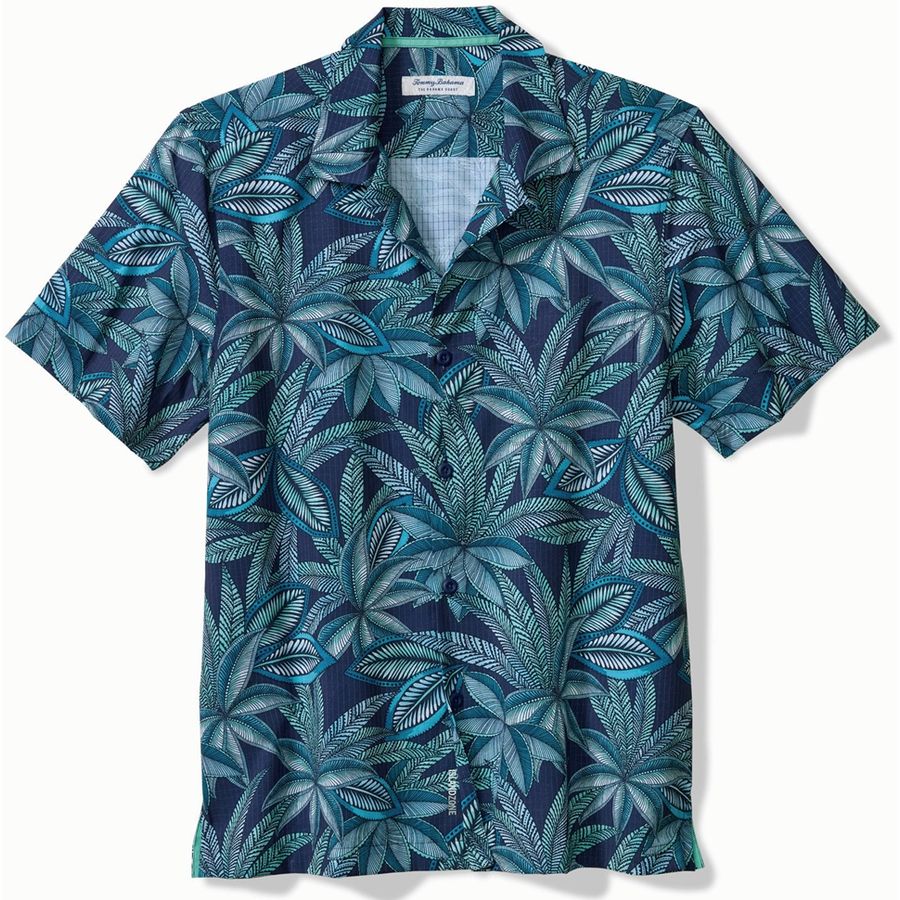 Blue leaf-patterned shirt on a white background