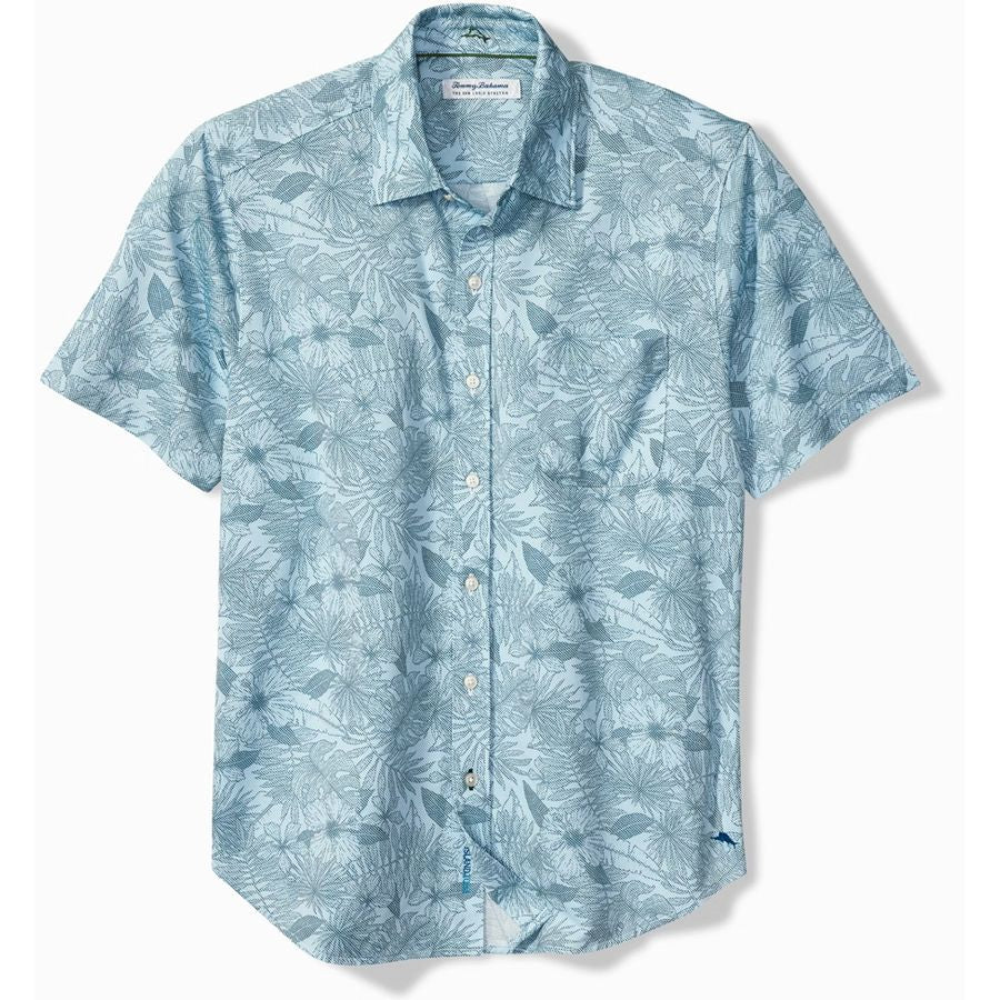 Blue patterned short-sleeve shirt on a white background