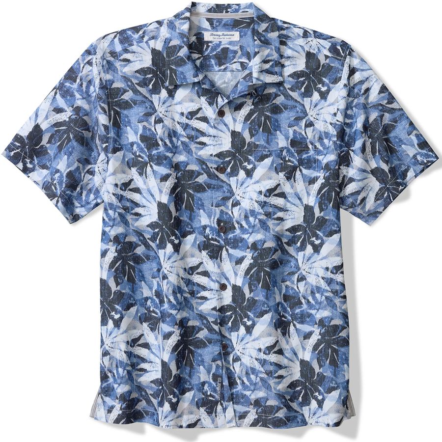 Blue floral patterned shirt on a white background