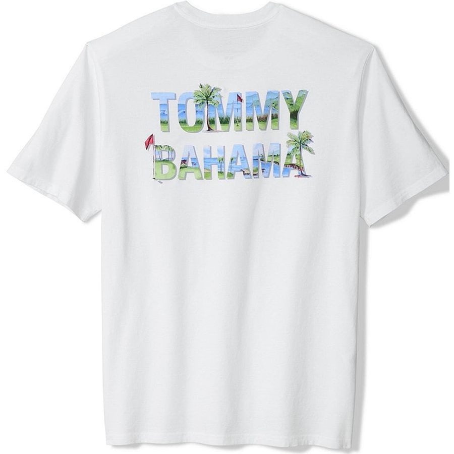 White t-shirt with 'Tommy Bahama' logo on the back against a white background