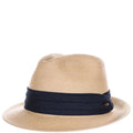Beige straw hat with a navy band on a white background