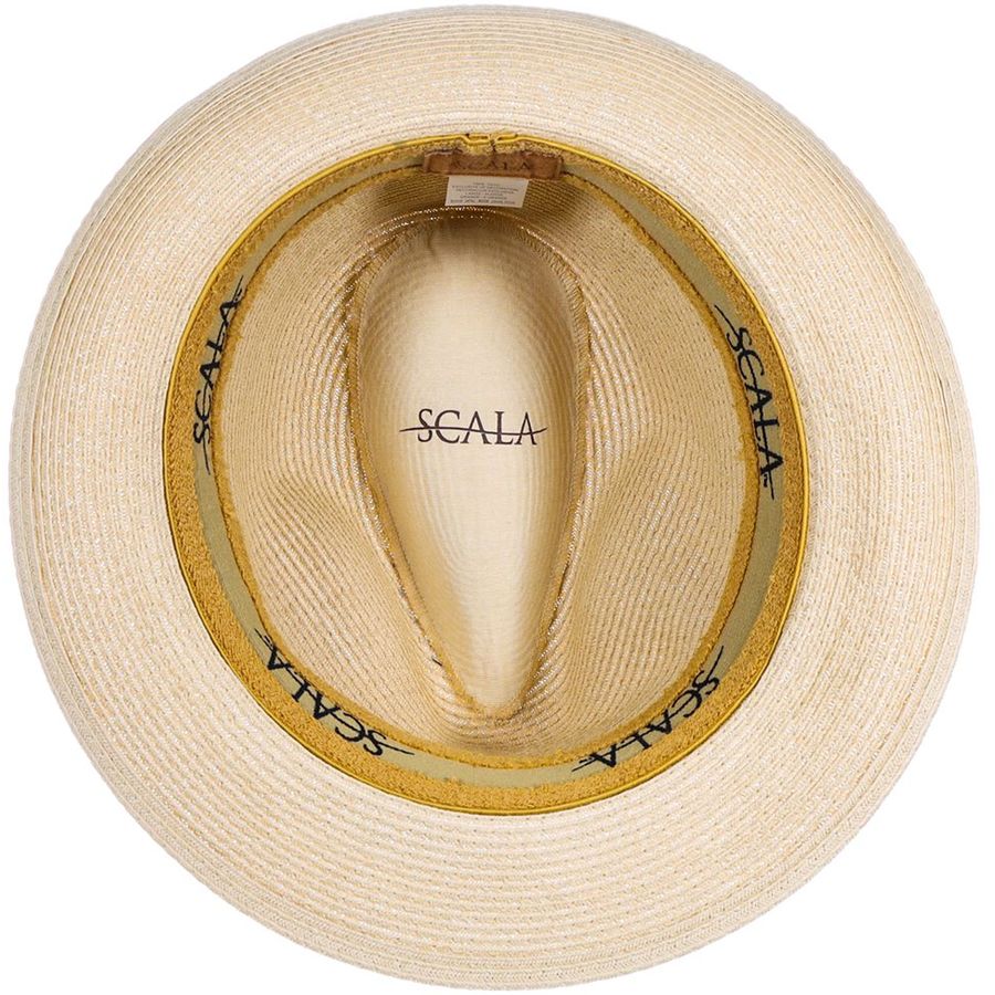 Beige straw hat with 'Scala' branding on a white background