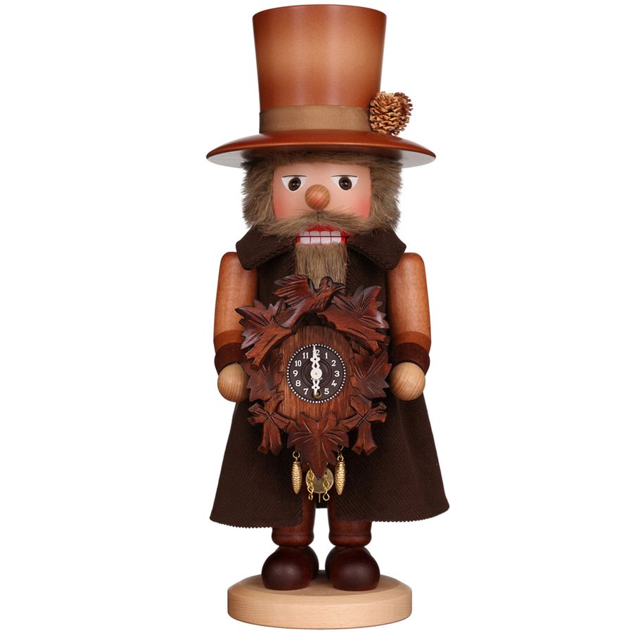 Wooden figurine of a man with a top hat and clock, on a white background