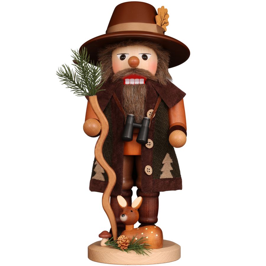 Wooden figurine of a bearded man in a hat with binoculars and a deer, on a white background