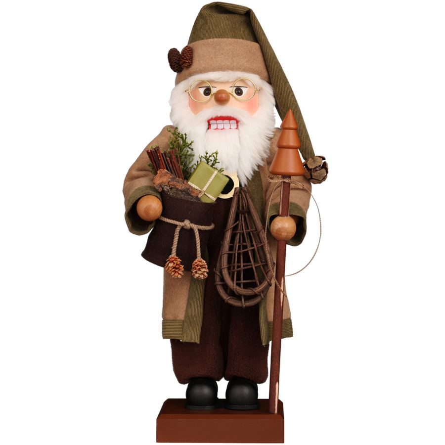 Wooden gnome figurine with a fishing outfit on a white background