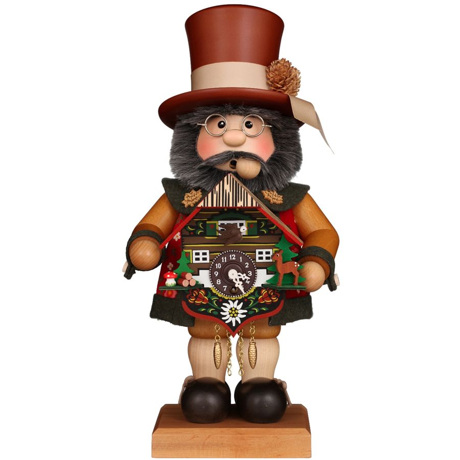 Wooden figurine of a man with a top hat and a clock, on a white background