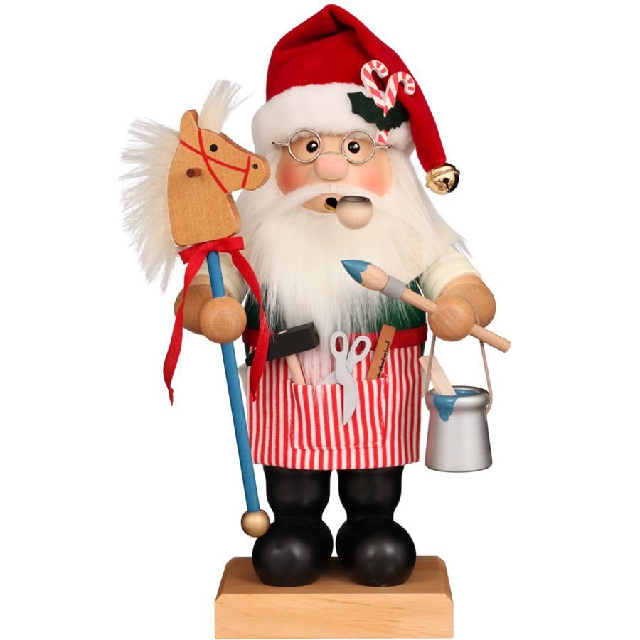 Wooden Santa Claus figurine with a horse, tools, and a red hat on a white background