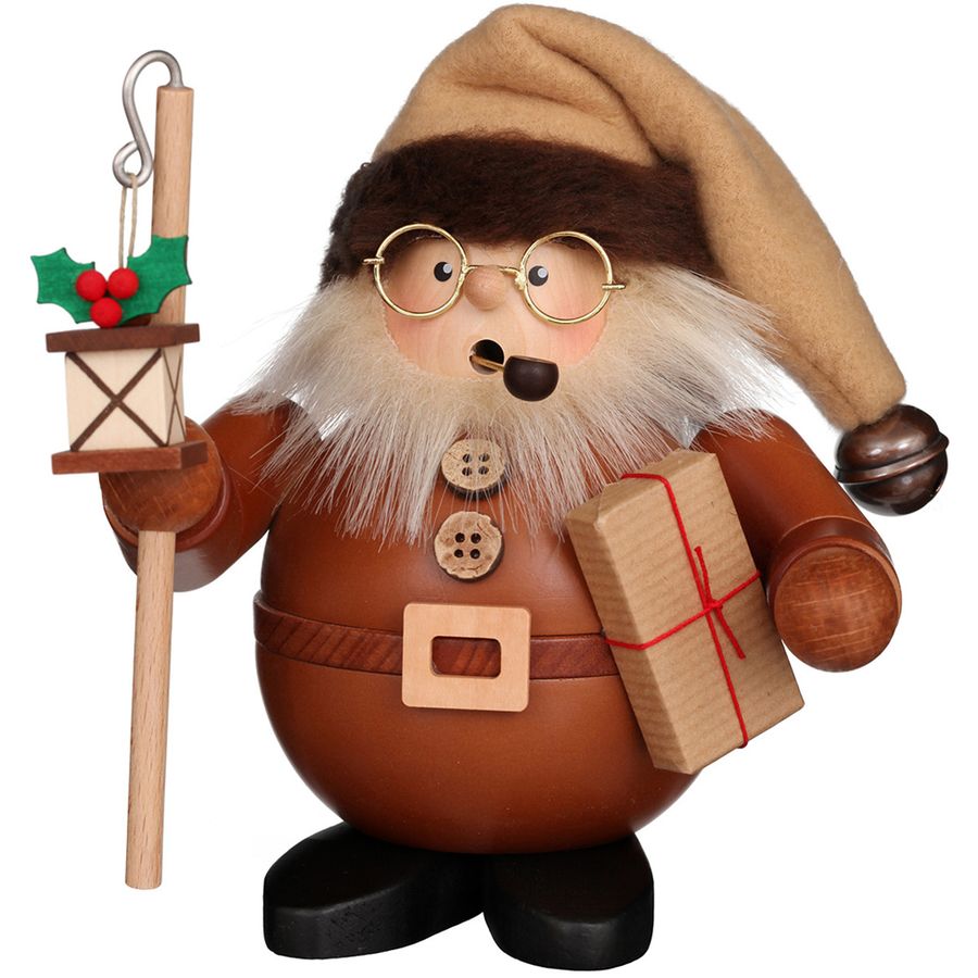 Decorative gnome figurine with a lantern, gift, and bell on a white background
