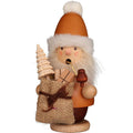 Wooden Santa Claus figurine with a bag, tree, and pipe on a white background