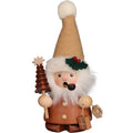 Wooden Christmas gnome with a hat, tree, and gift on a white background
