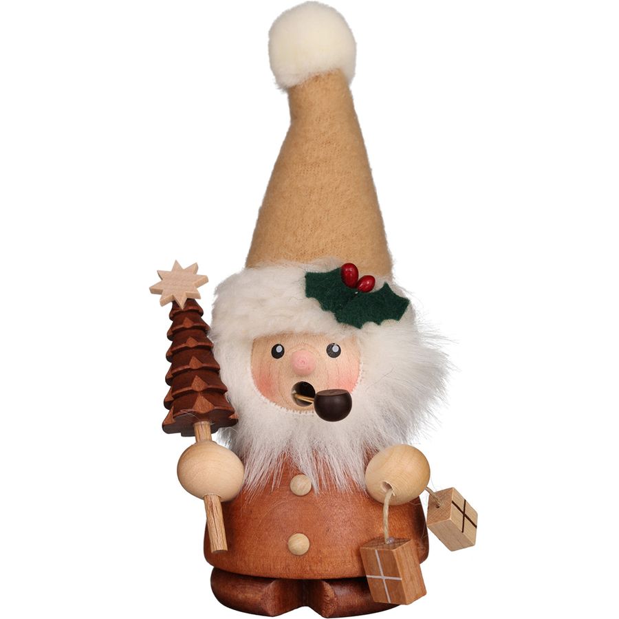 Wooden Christmas gnome with a hat, tree, and gift on a white background