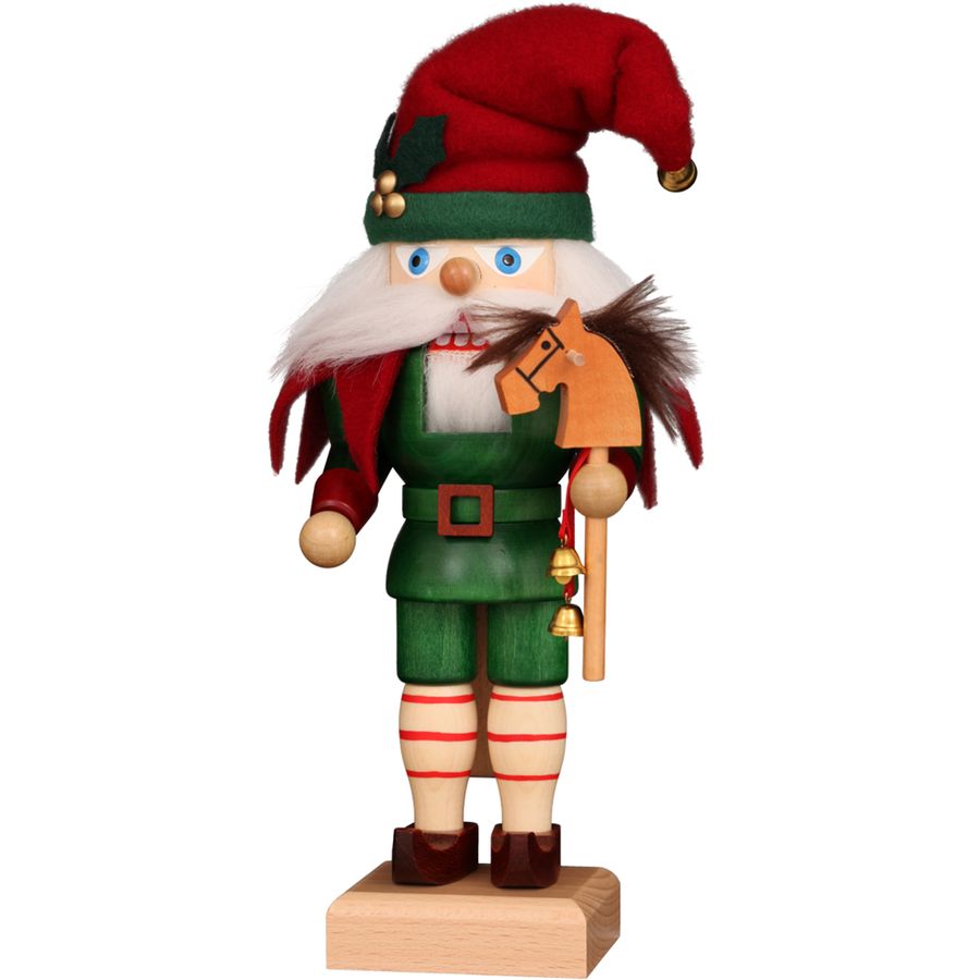 Wooden elf figurine with a red hat and green outfit, holding a horse figure, on a white background.