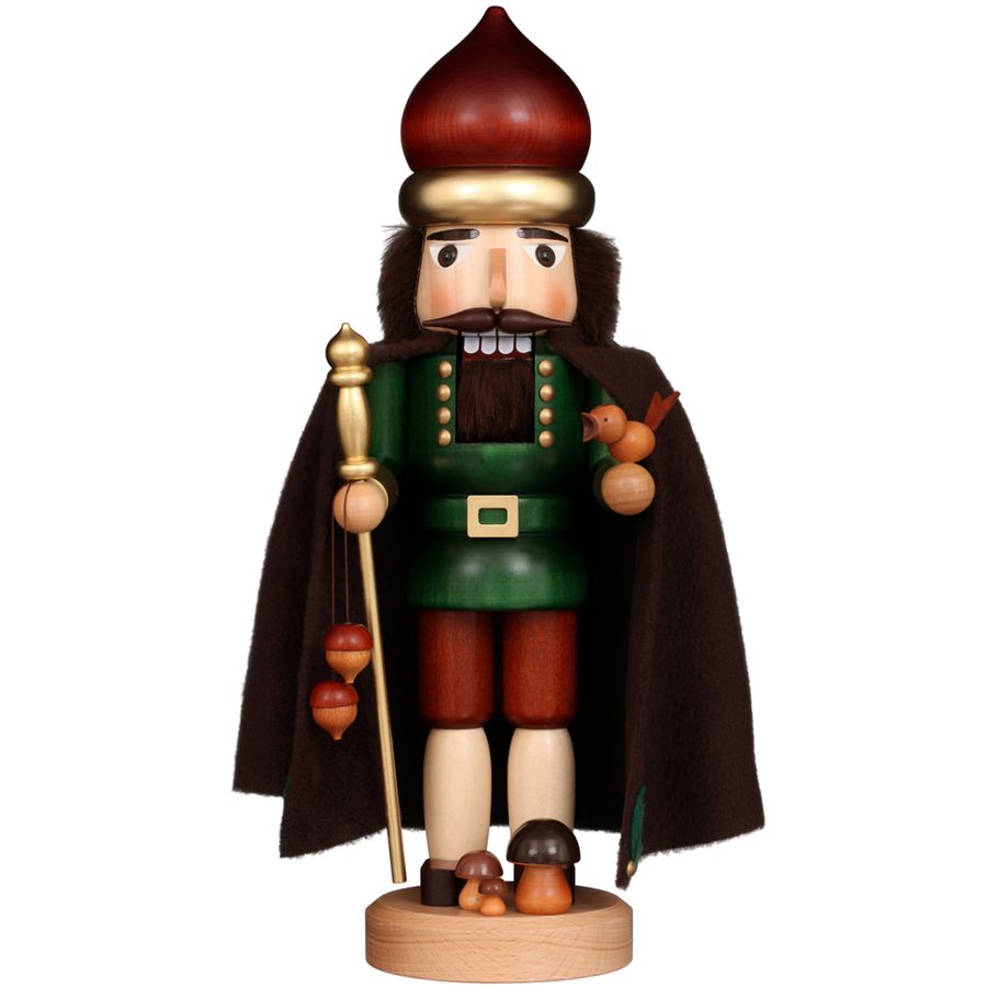 Wooden nutcracker figurine with a red hat and green outfit on a white background