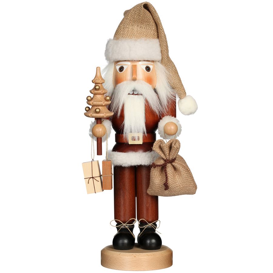 Wooden Santa Claus figurine with a beard, hat, and bag on a white background