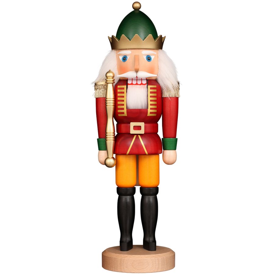 Wooden nutcracker figurine with a king's outfit on a white background
