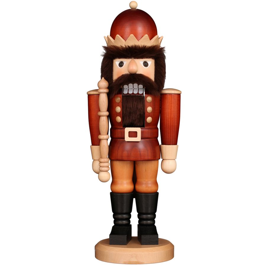 Wooden nutcracker figurine with a red hat and beard on a white background