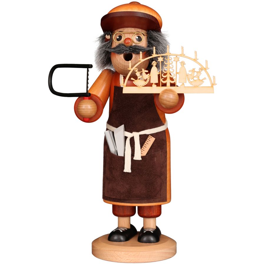 Wooden figurine of a man with an apron holding a lantern and a wooden arch with carvings on a white background.