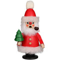 Wooden Santa Claus figurine holding a green tree on a white background