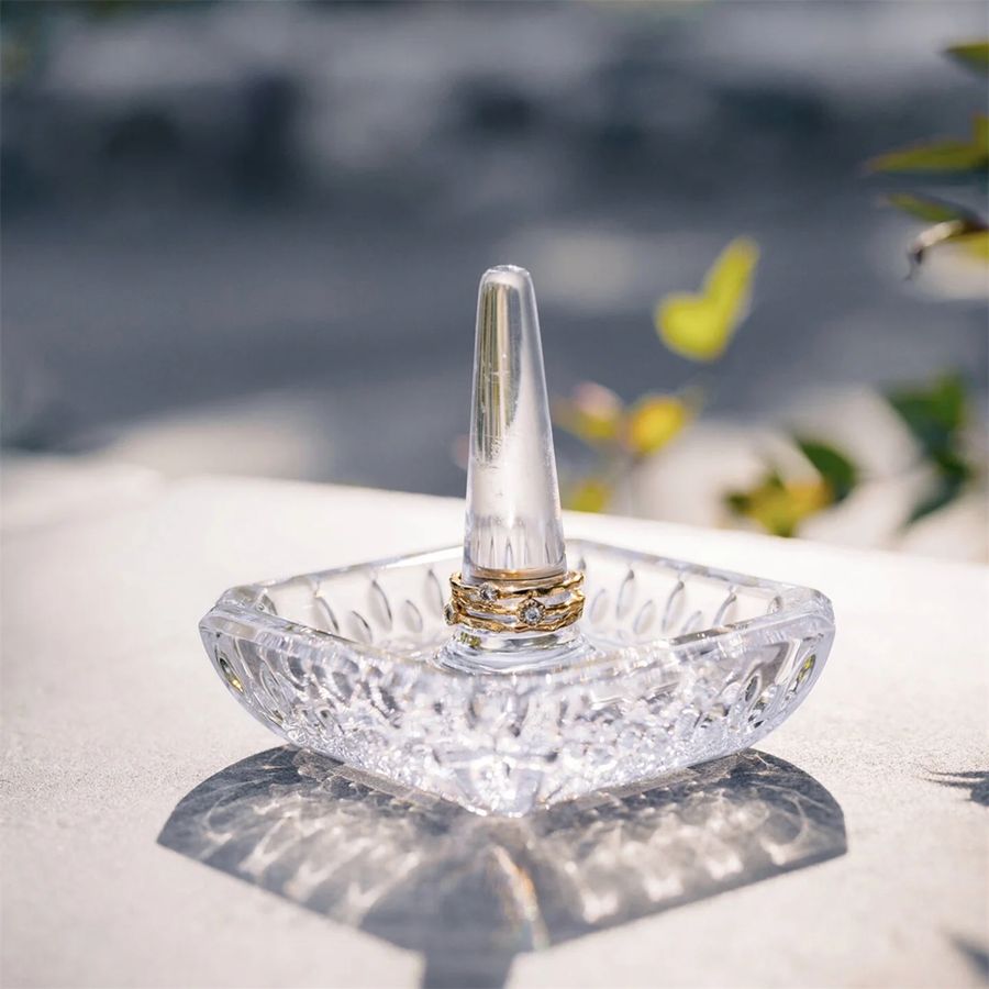 Waterford Lismore Square Ring Holder with a ring on the holder.