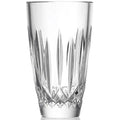 Clear crystal glass with intricate cut design on a white background