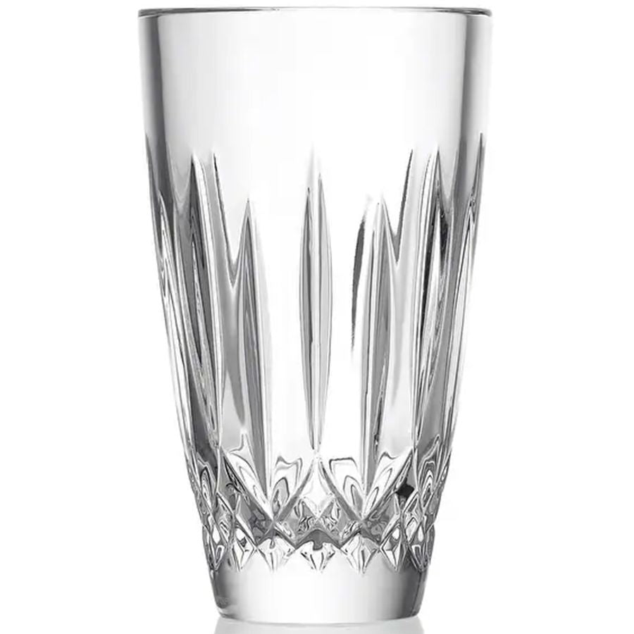 Clear crystal glass with intricate cut design on a white background