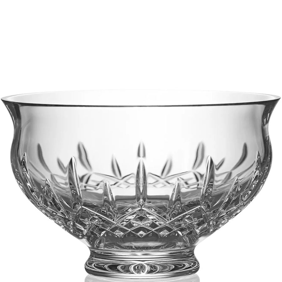 Clear glass bowl with intricate cut patterns on a white background